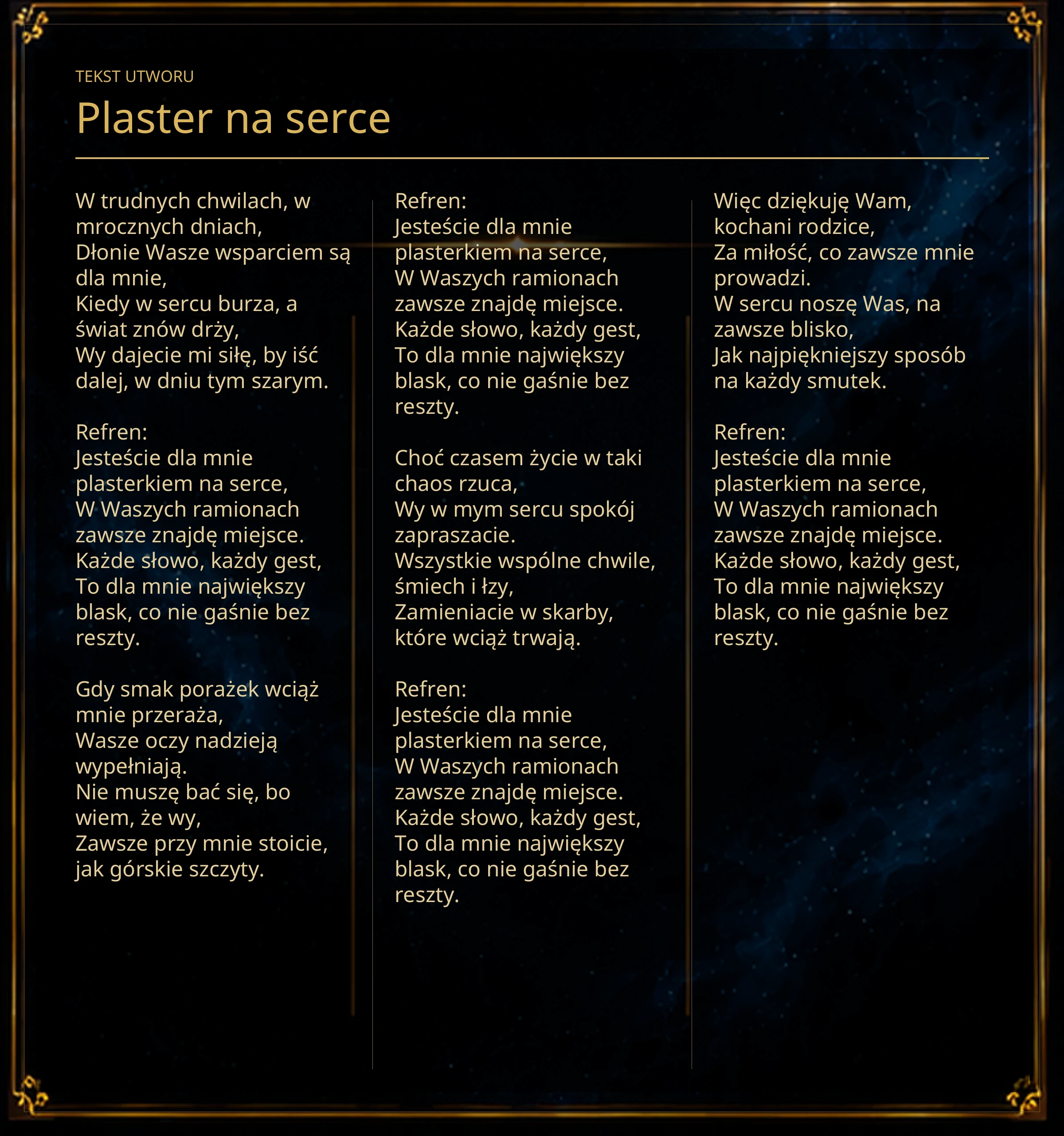 Tekst piosenki „Plaster na serce” – Lyric Booklet