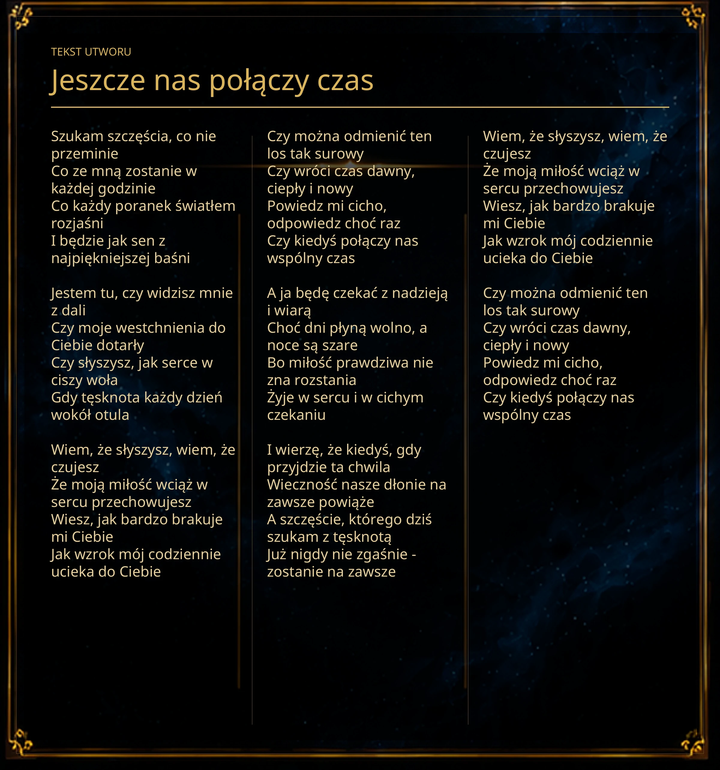 Tekst piosenki „Jeszcze nas połączy czas” – Lyric Booklet