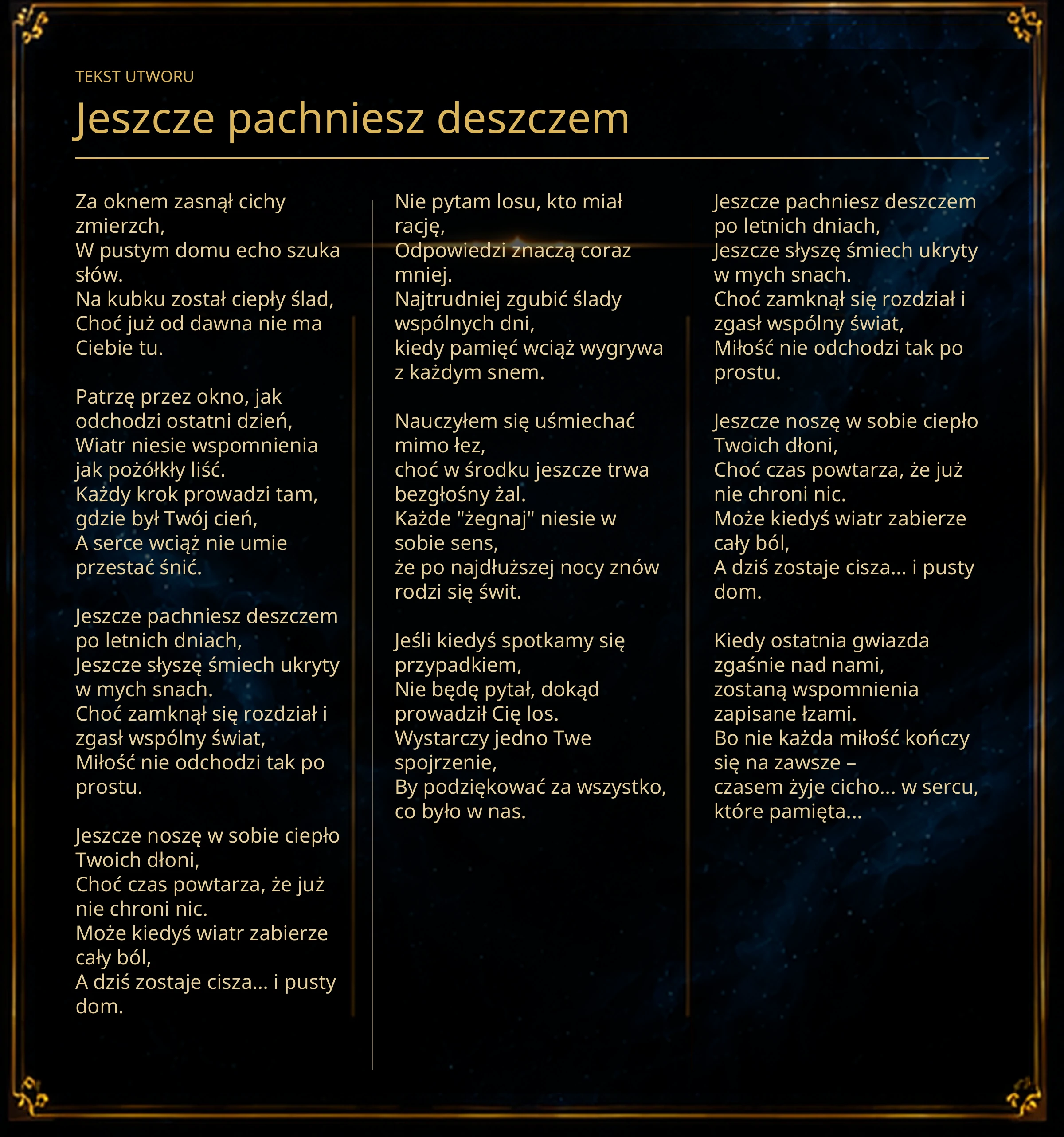 Tekst piosenki „Jeszcze pachniesz deszczem” – Lyric Booklet