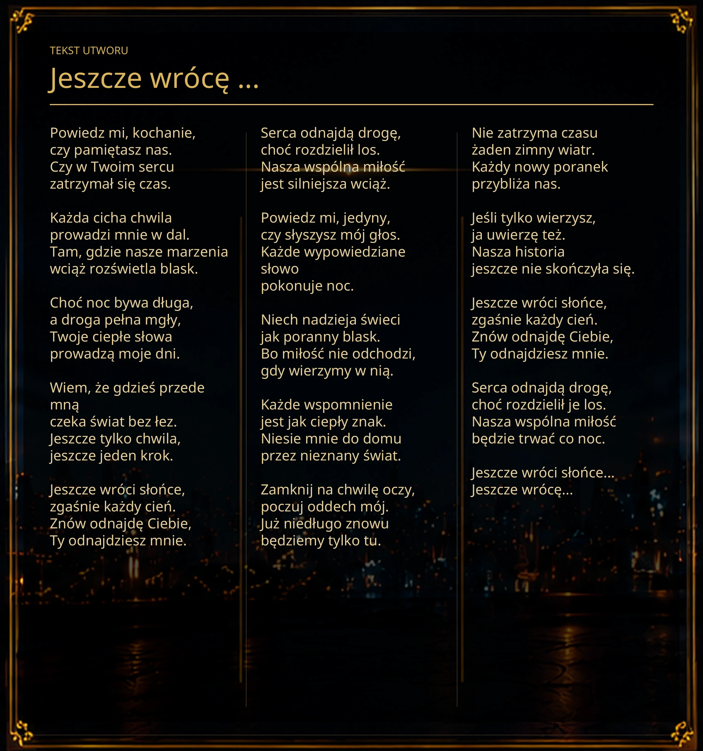 Tekst piosenki „Jeszcze wrócę ...” – Lyric Booklet