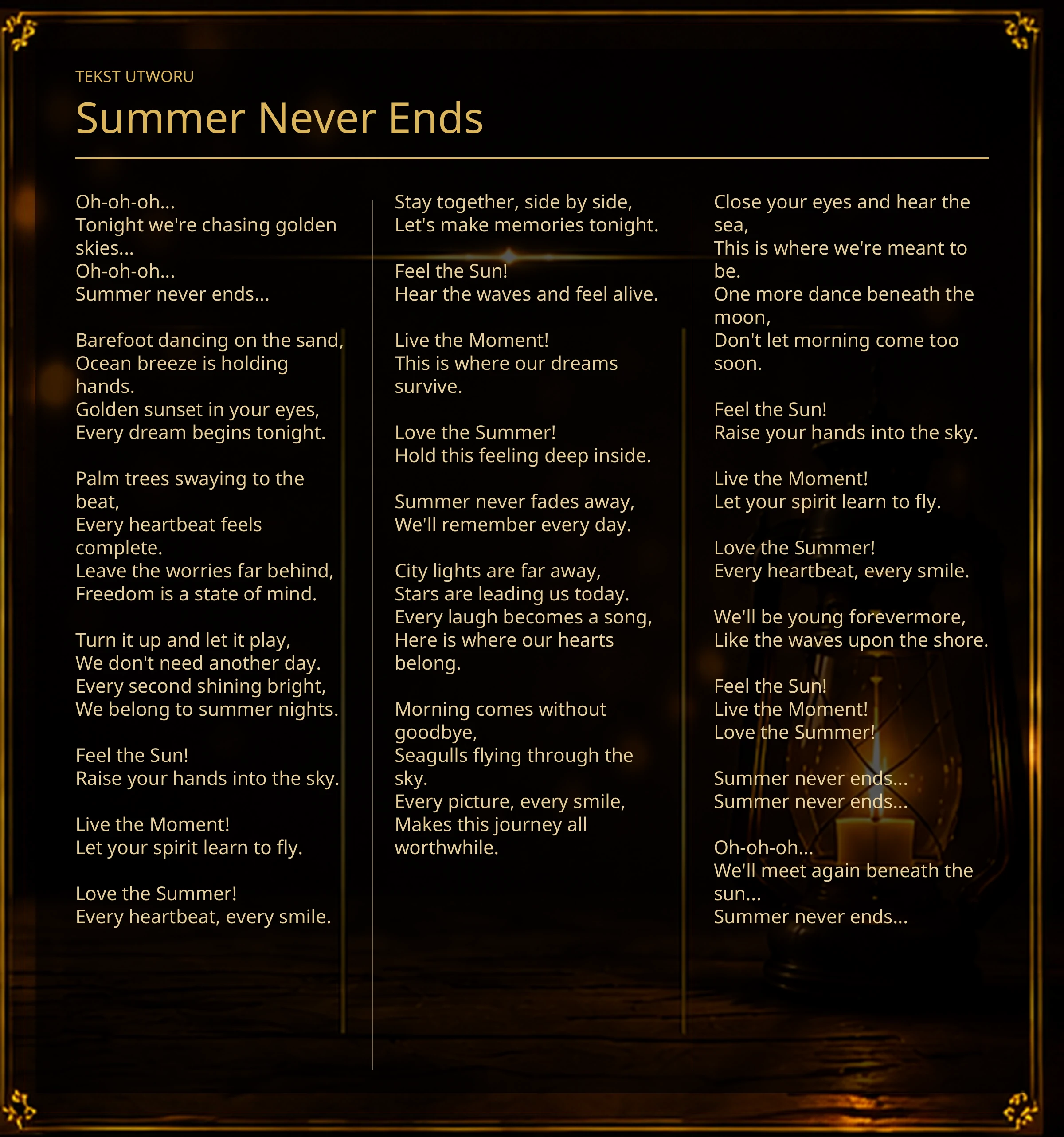 Tekst piosenki „Summer Never Ends” – Lyric Booklet