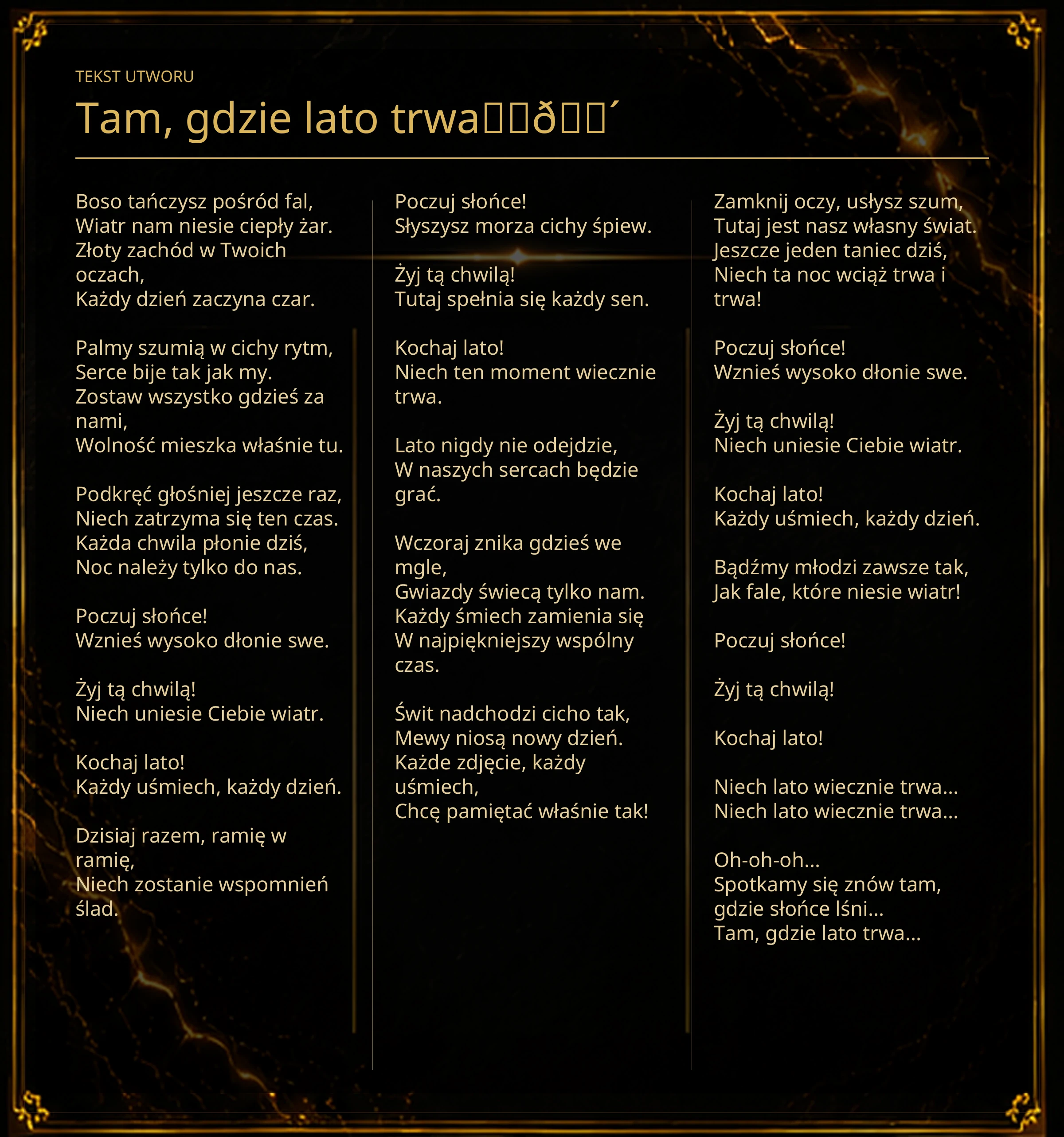 Tekst piosenki „Tam, gdzie lato trwa☀️🌴” – Lyric Booklet