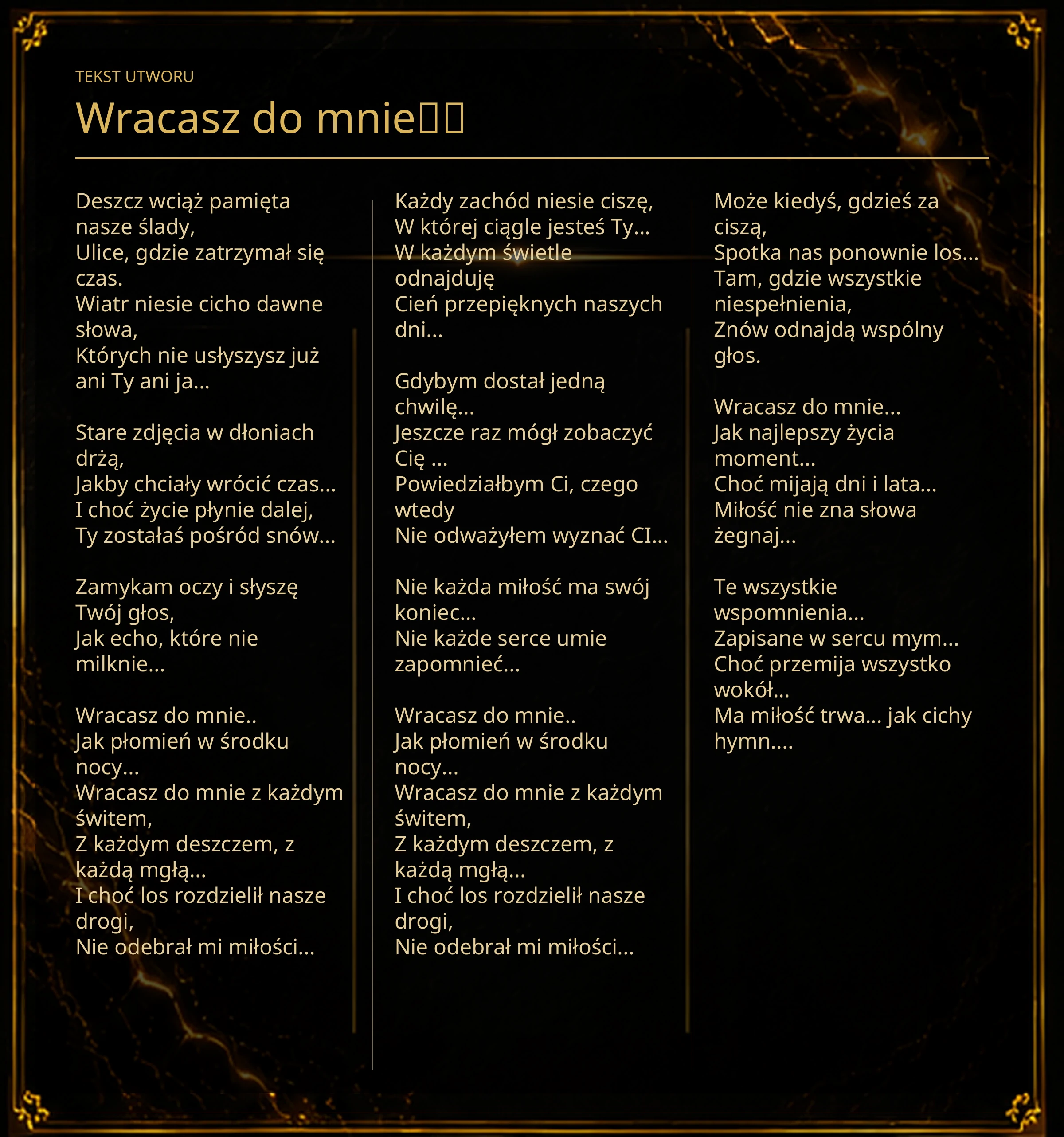 Tekst piosenki „Wracasz do mnie❤️” – Lyric Booklet