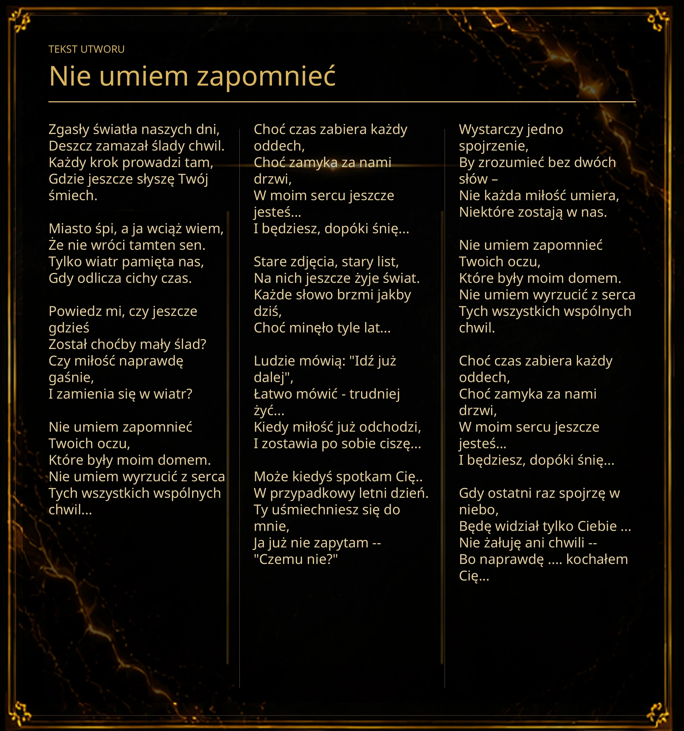 Tekst piosenki „Nie umiem zapomnieć” – Lyric Booklet
