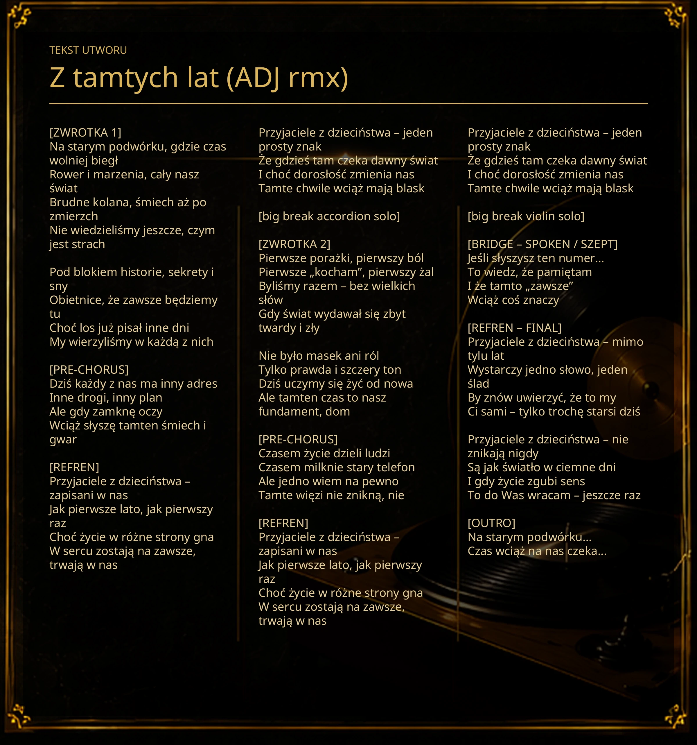 Tekst piosenki „Z tamtych lat (ADJ rmx)” – Lyric Booklet