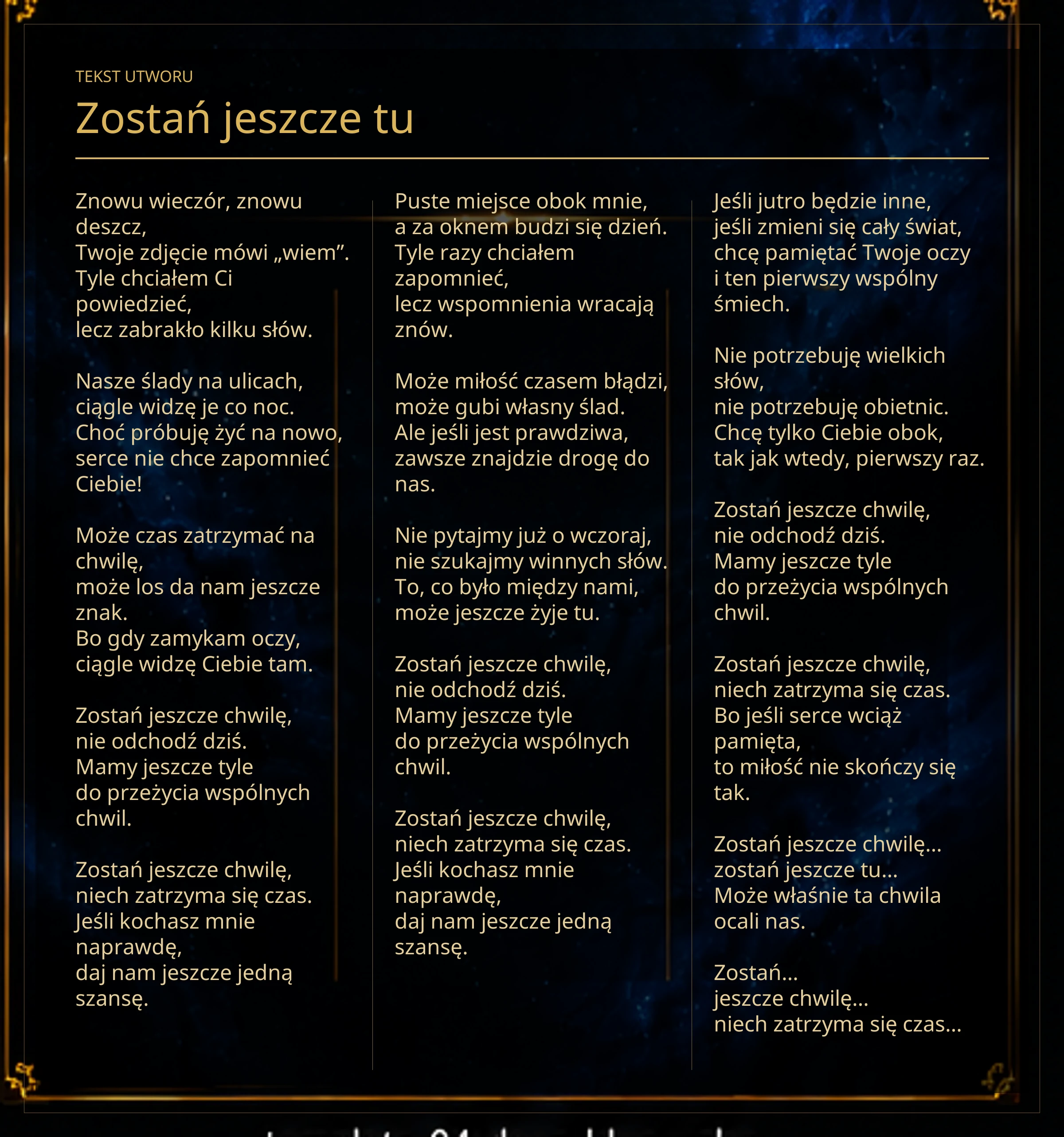 Tekst piosenki „Zostań jeszcze tu” – Lyric Booklet