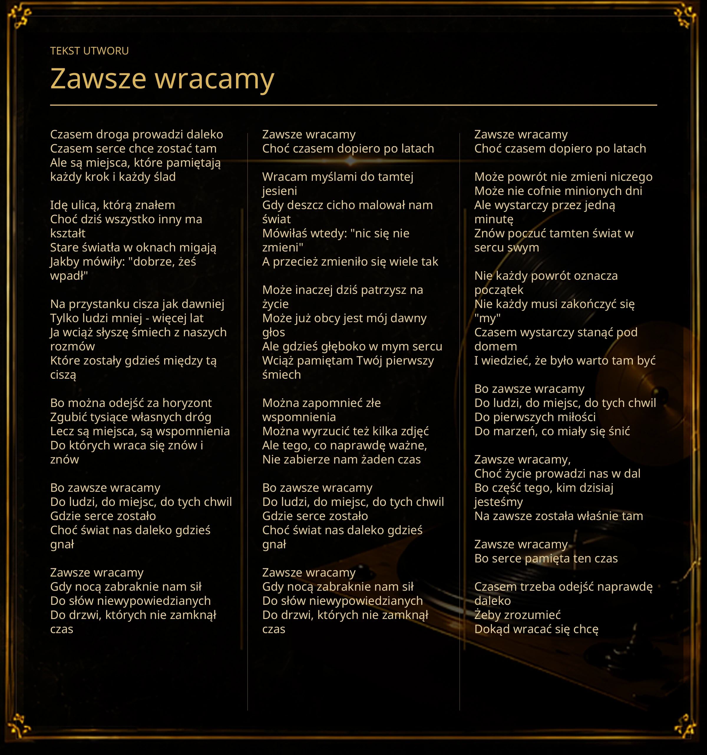 Tekst piosenki „Zawsze wracamy” – Lyric Booklet