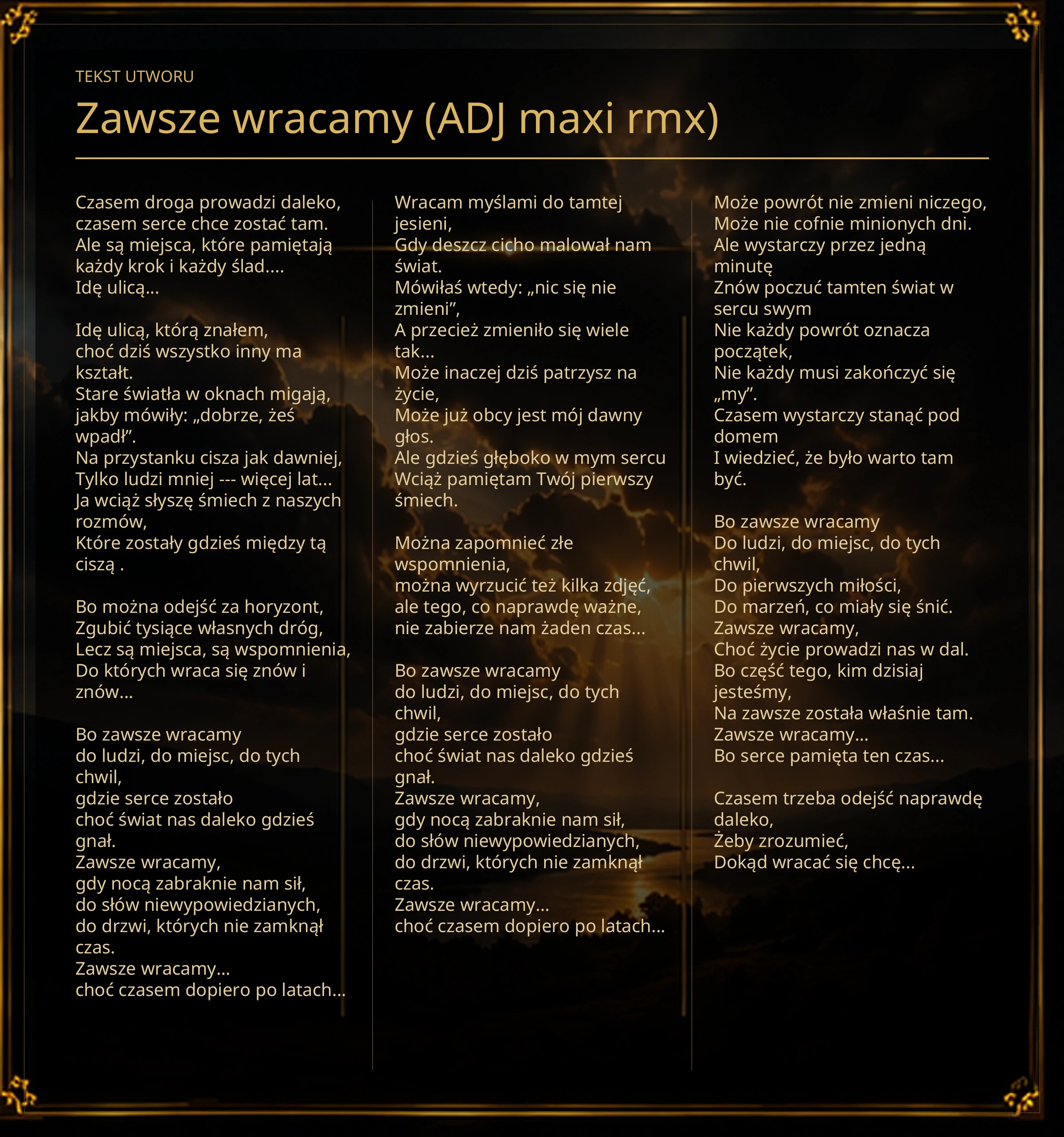 Tekst piosenki „Zawsze wracamy (ADJ maxi rmx)” – Lyric Booklet