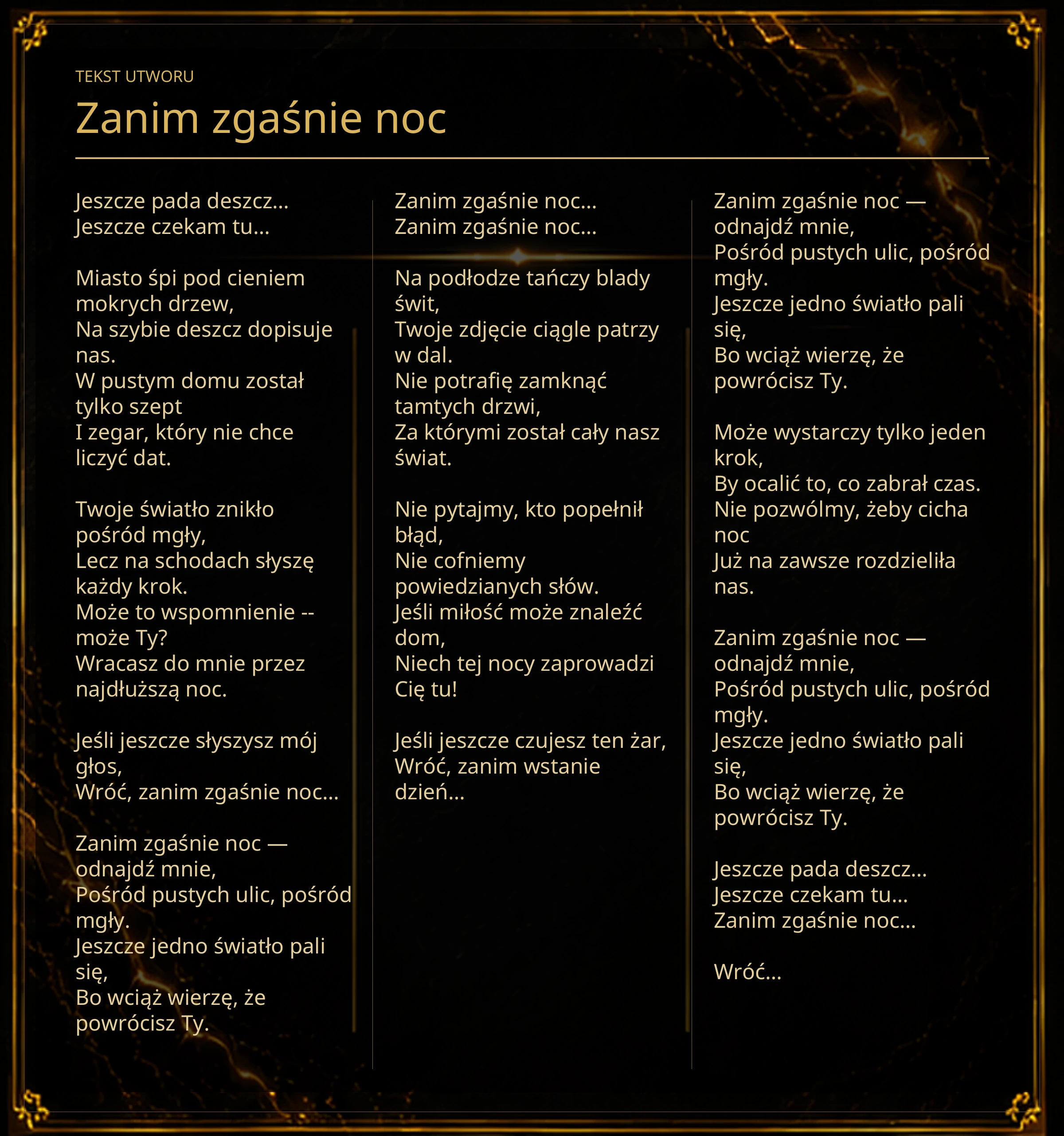 Tekst piosenki „Zanim zgaśnie noc” – Lyric Booklet