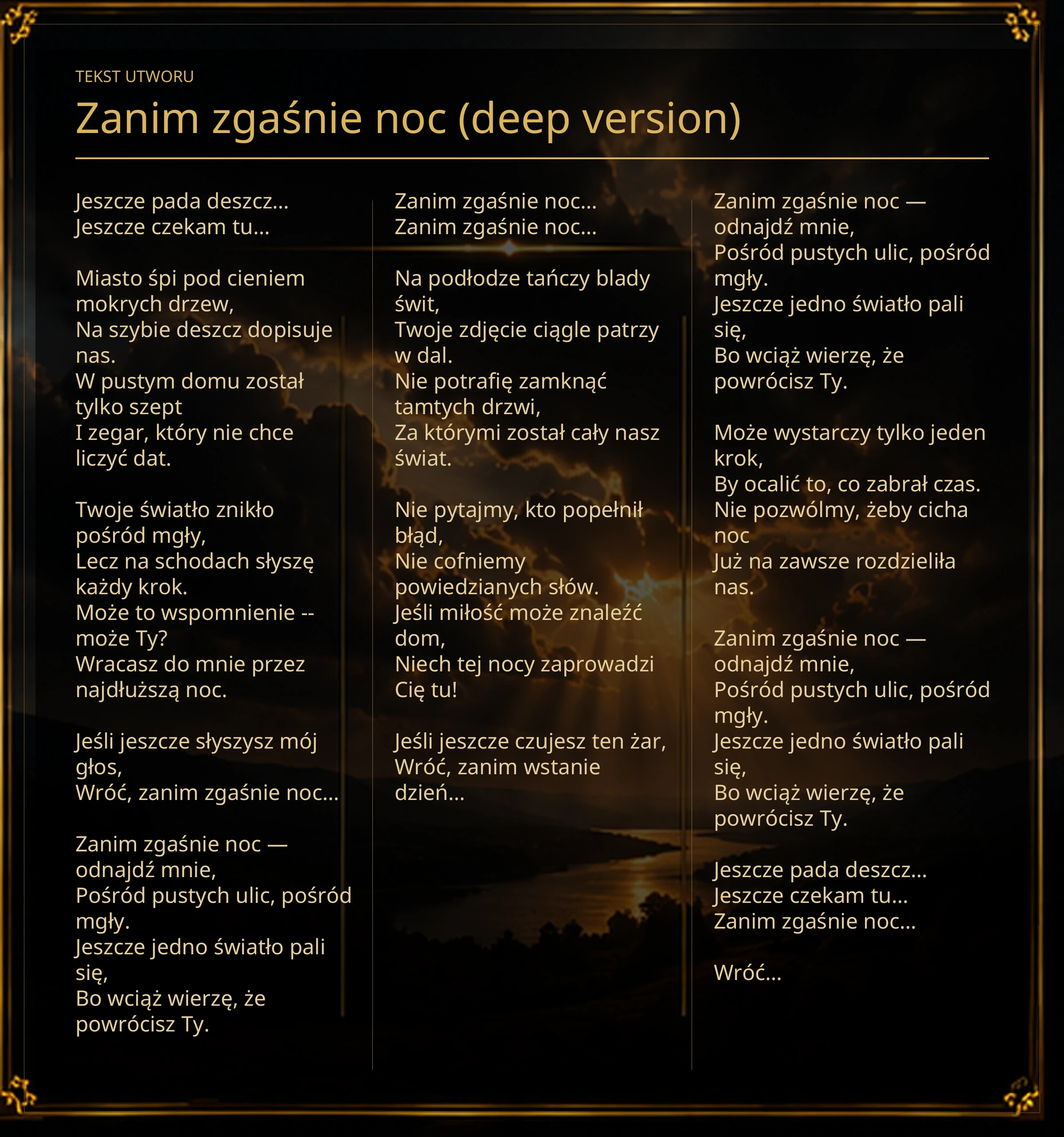 Tekst piosenki „Zanim zgaśnie noc (deep version)” – Lyric Booklet