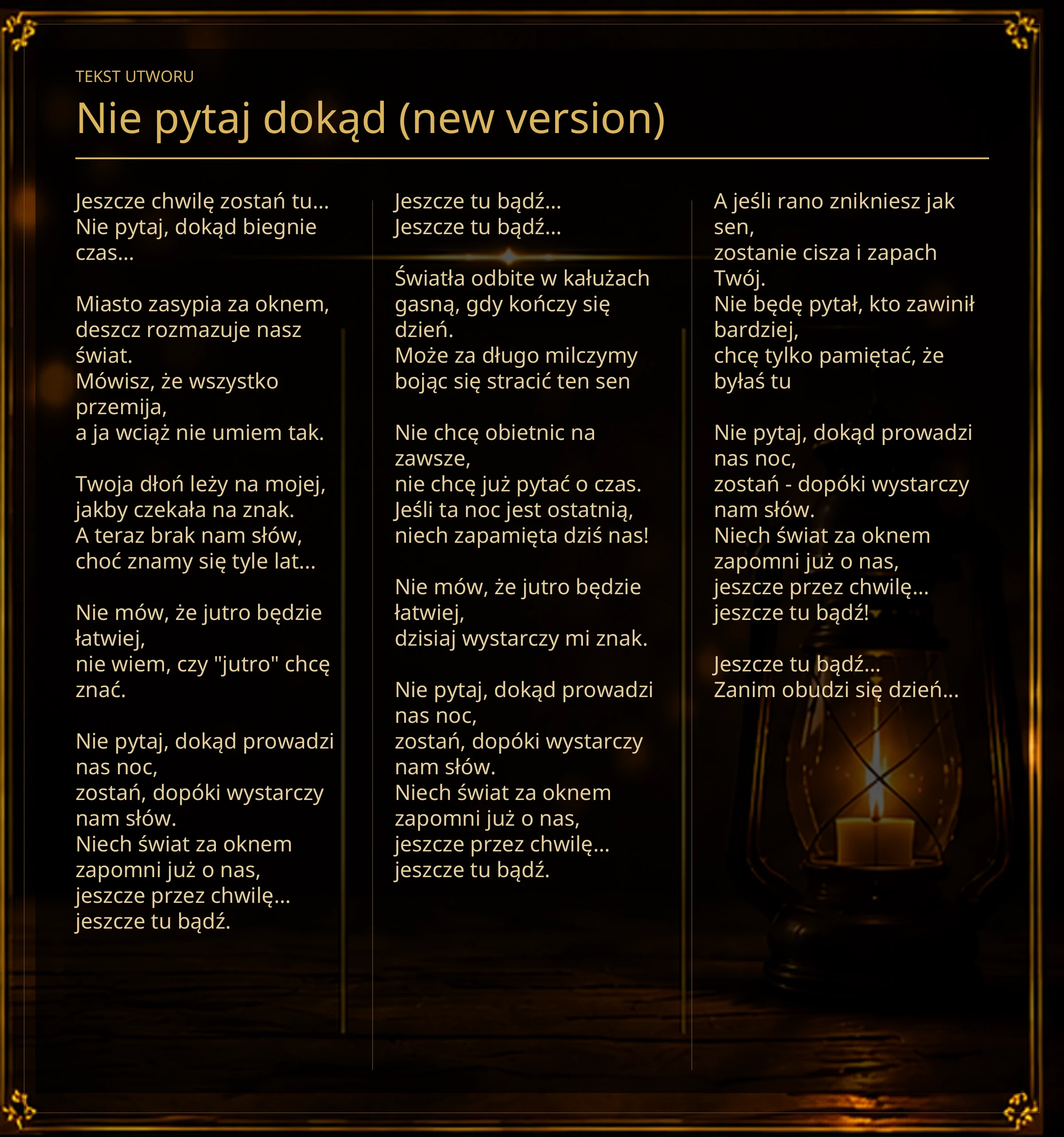 Tekst piosenki „Nie pytaj dokąd (new version)” – Lyric Booklet