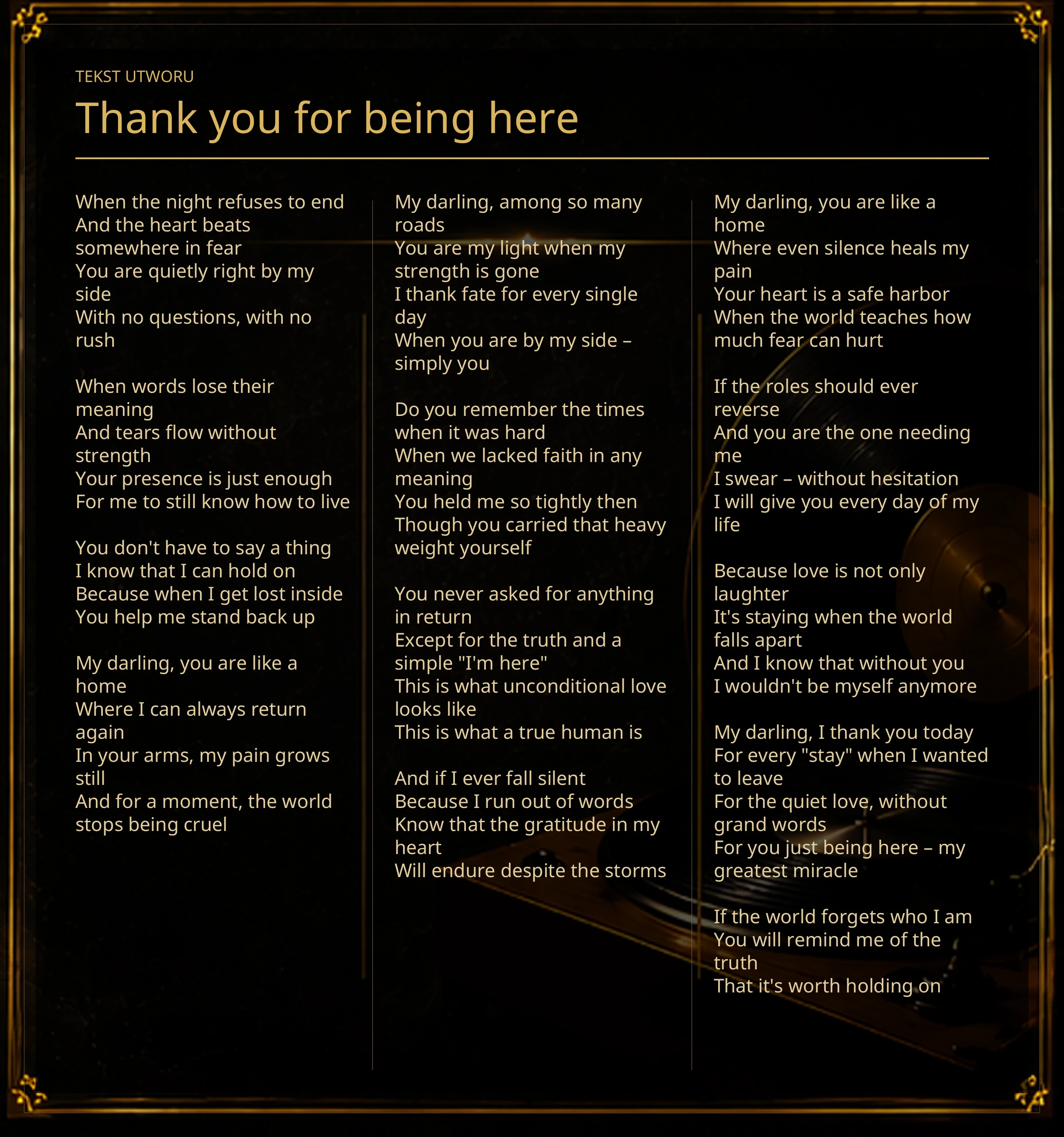 Tekst piosenki „Thank you for being here” – Lyric Booklet