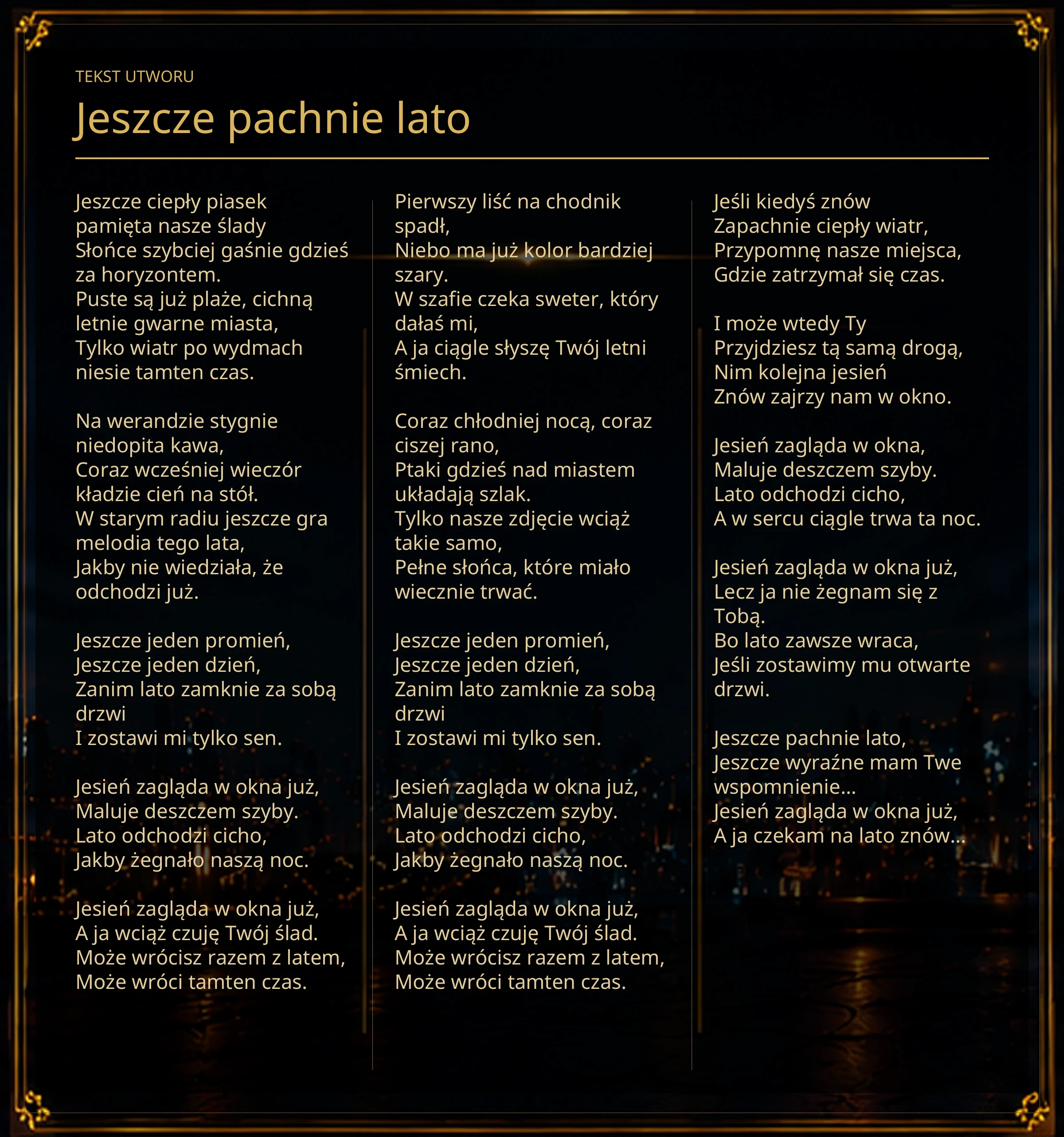 Tekst piosenki „Jeszcze pachnie lato” – Lyric Booklet