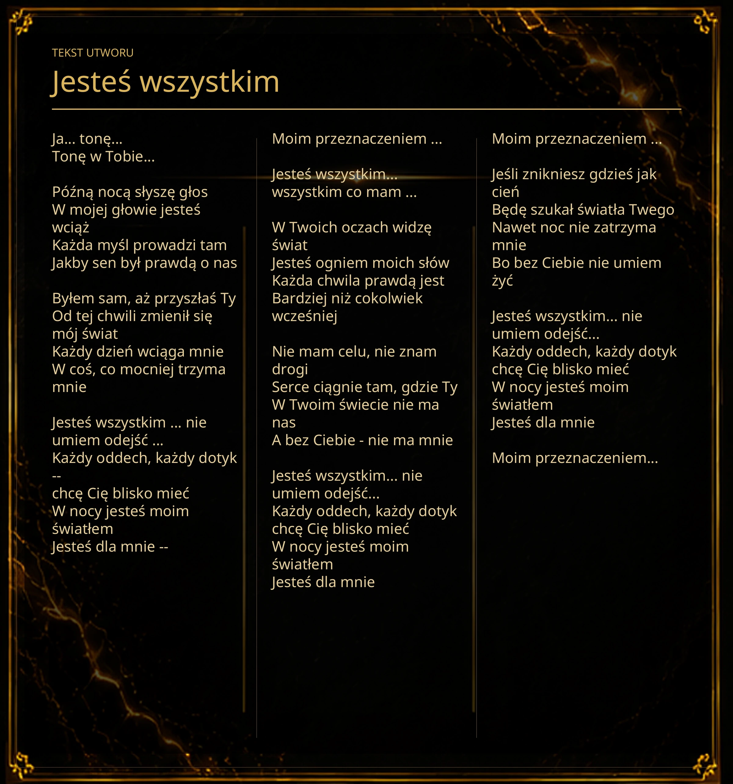 Tekst piosenki „Jesteś wszystkim” – Lyric Booklet