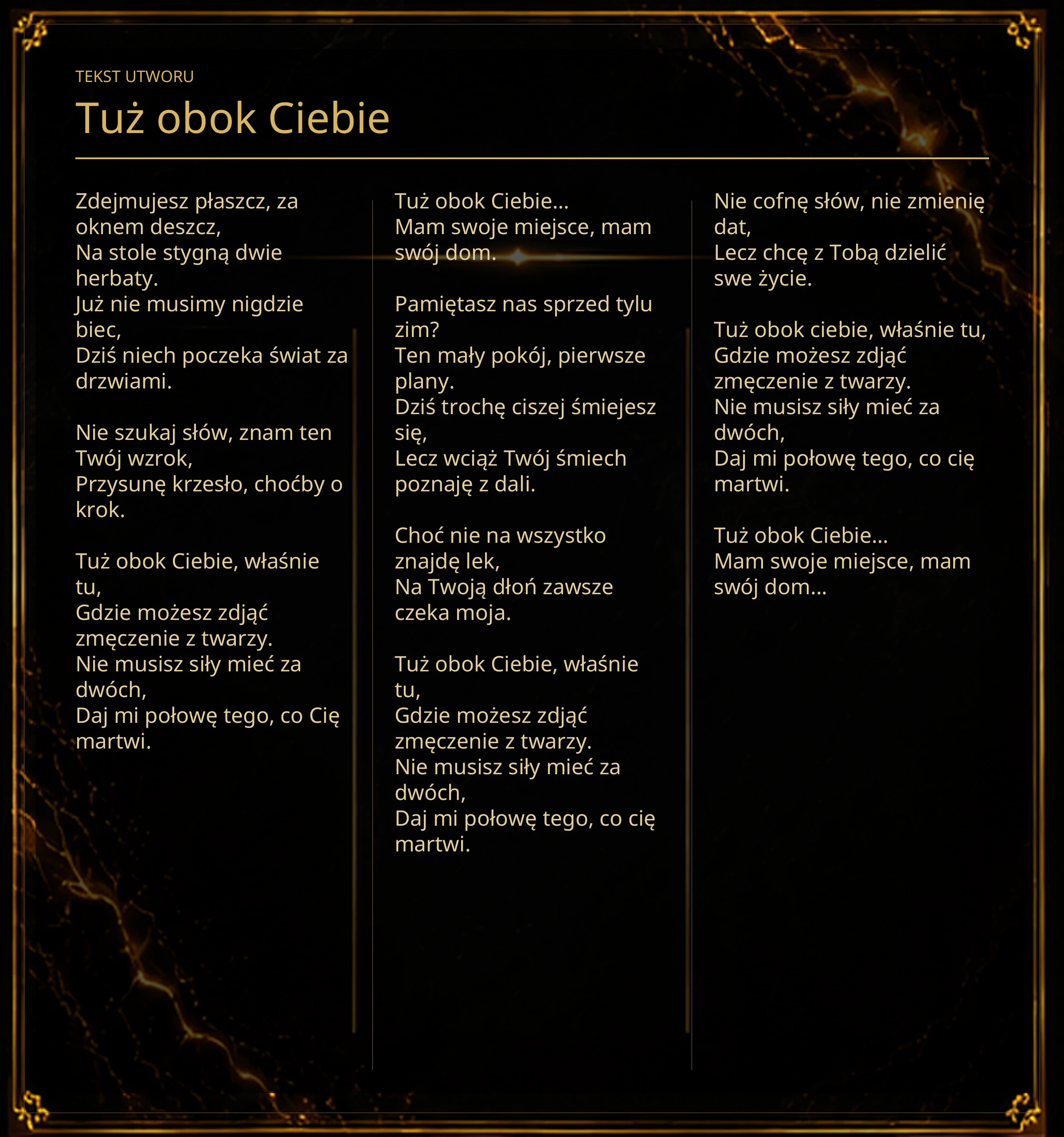 Tekst piosenki „Tuż obok Ciebie” – Lyric Booklet