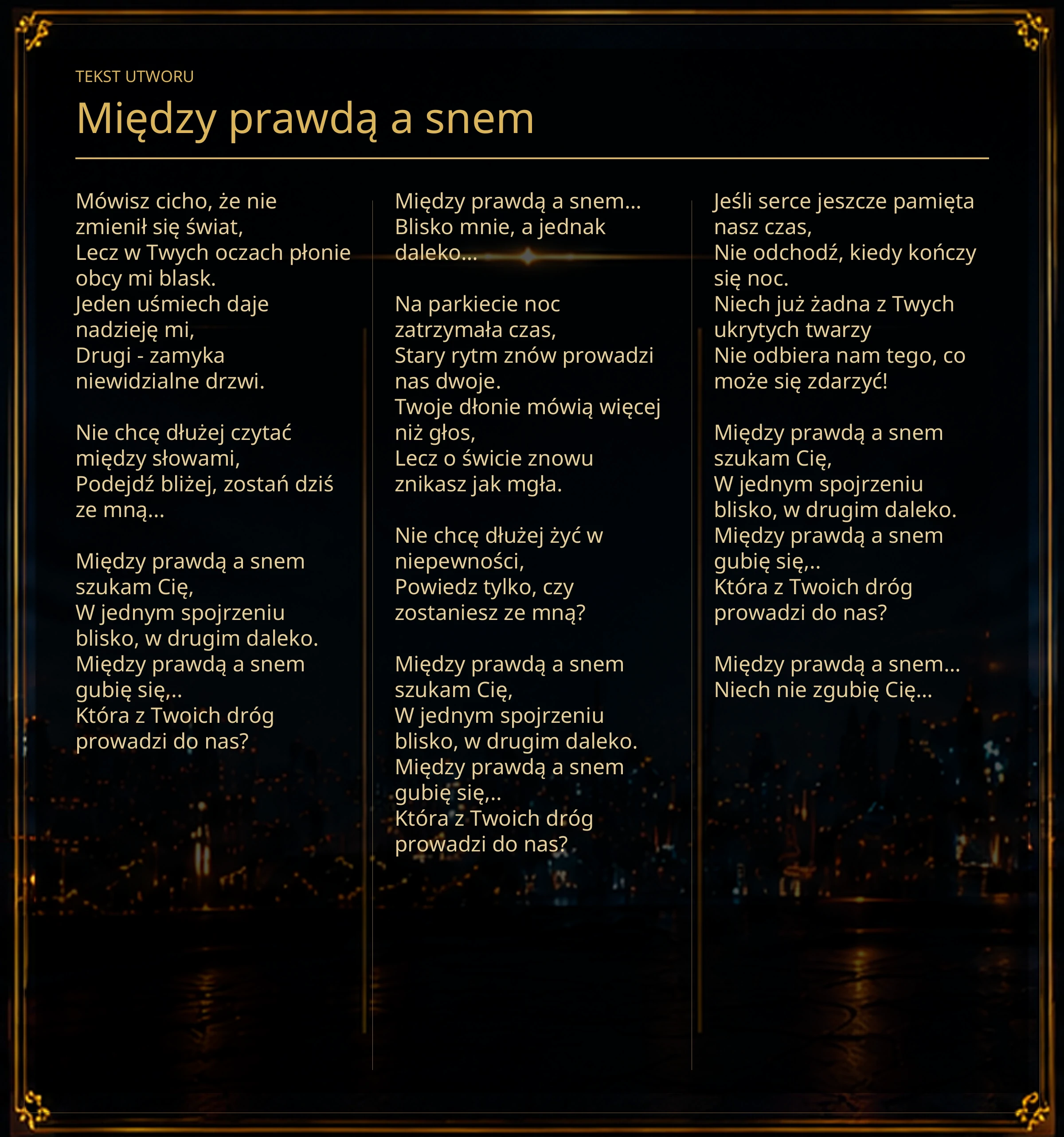 Tekst piosenki „Między prawdą a snem” – Lyric Booklet