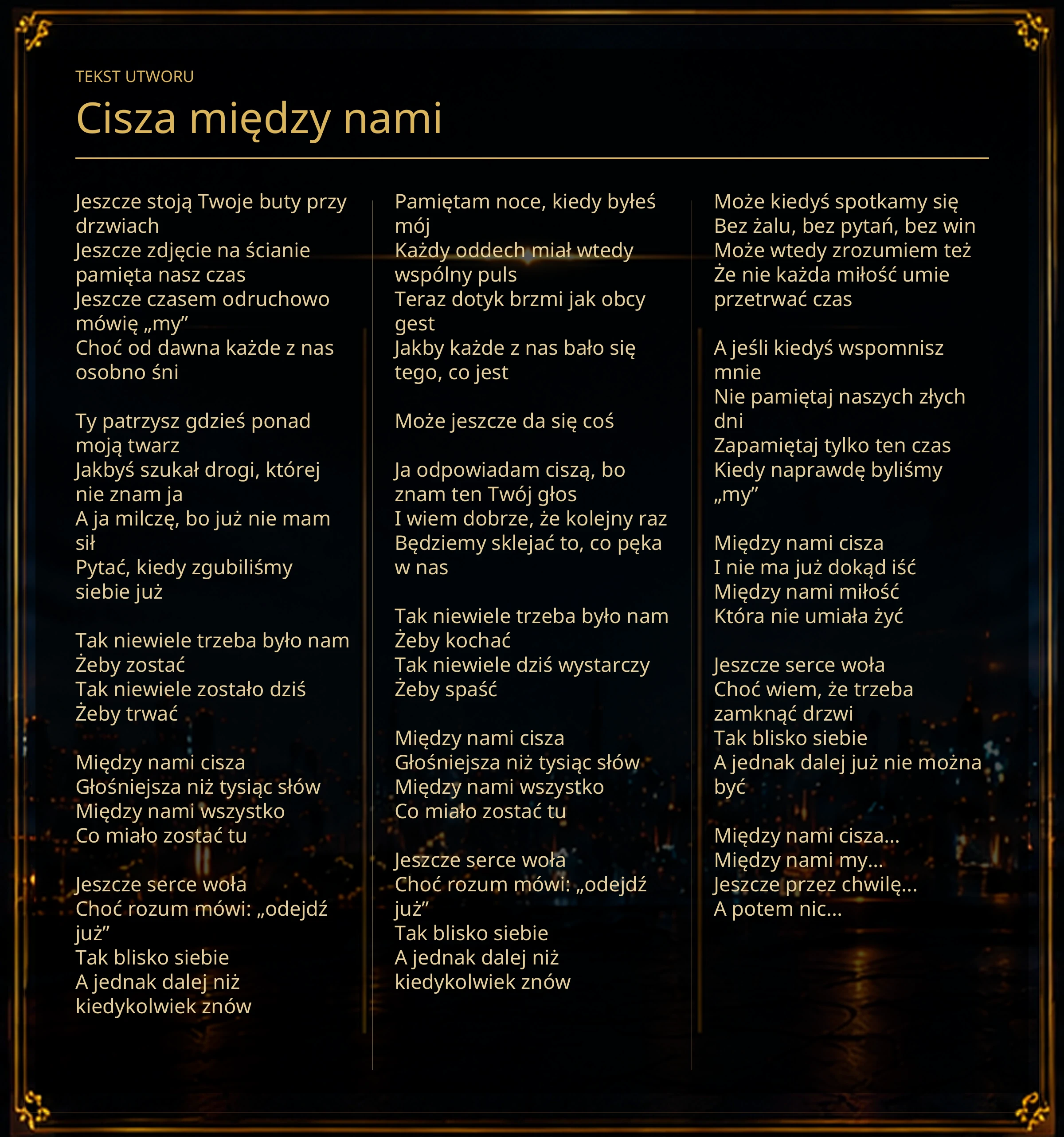 Tekst piosenki „Cisza między nami” – Lyric Booklet