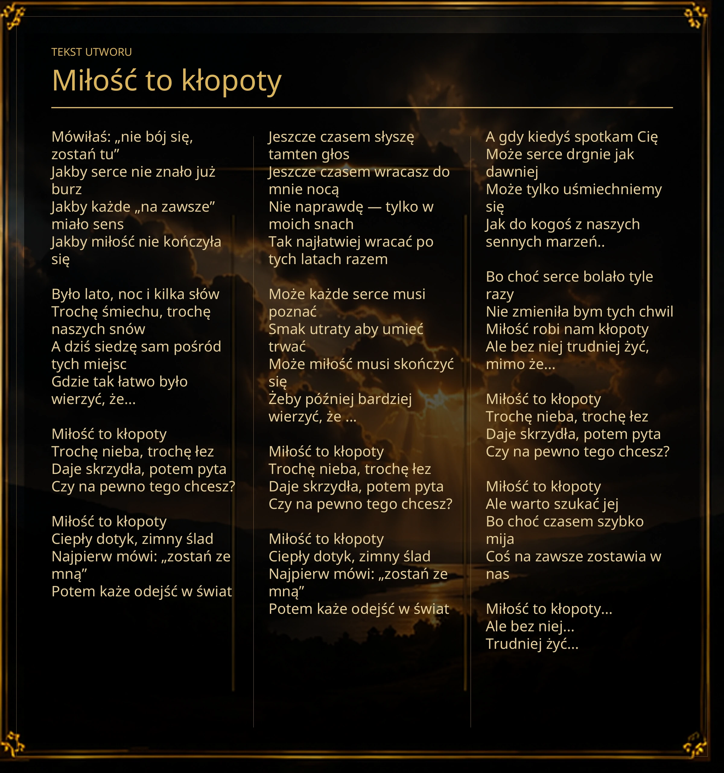Tekst piosenki „Miłość to kłopoty” – Lyric Booklet