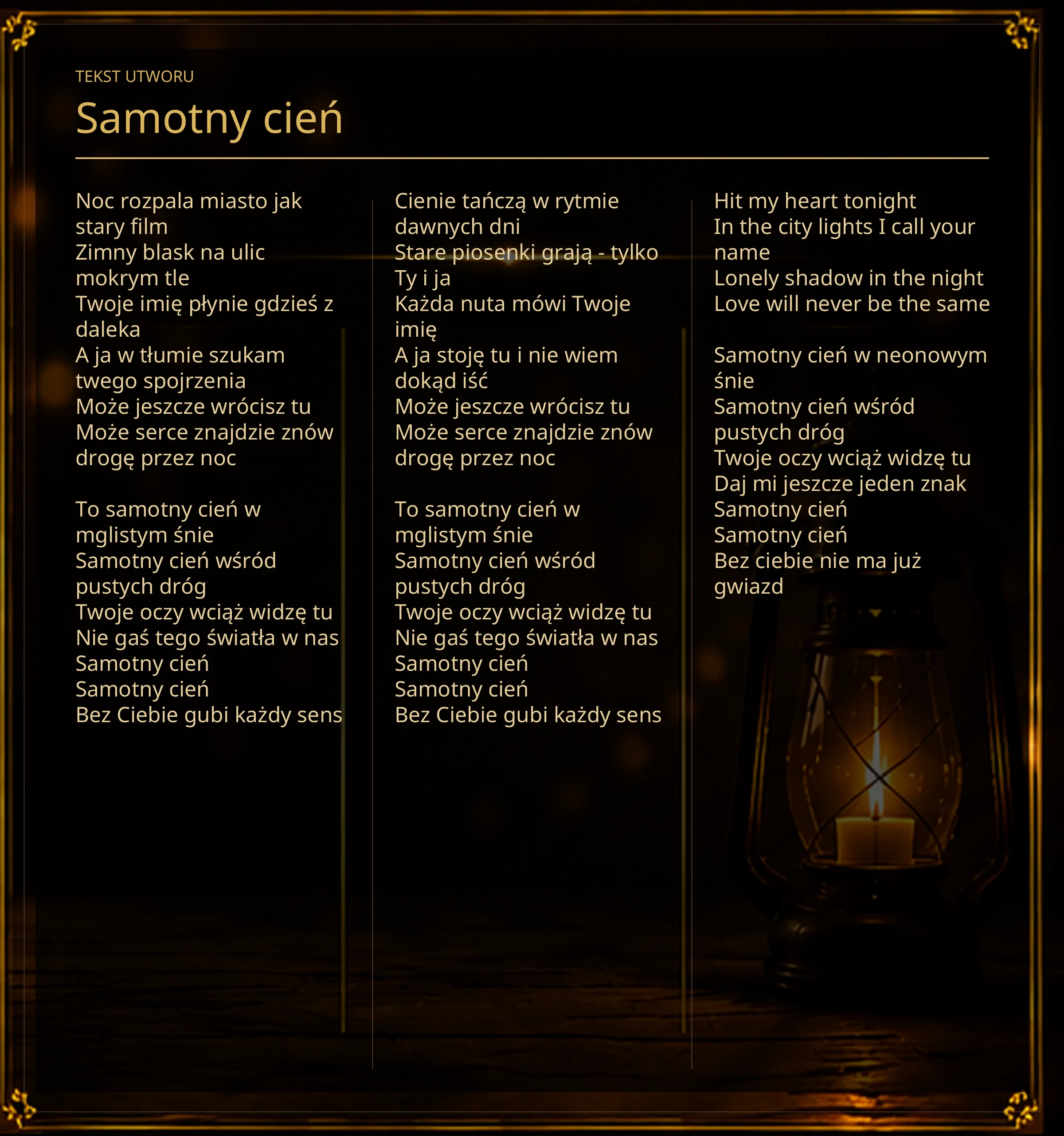 Tekst piosenki „Samotny cień” – Lyric Booklet