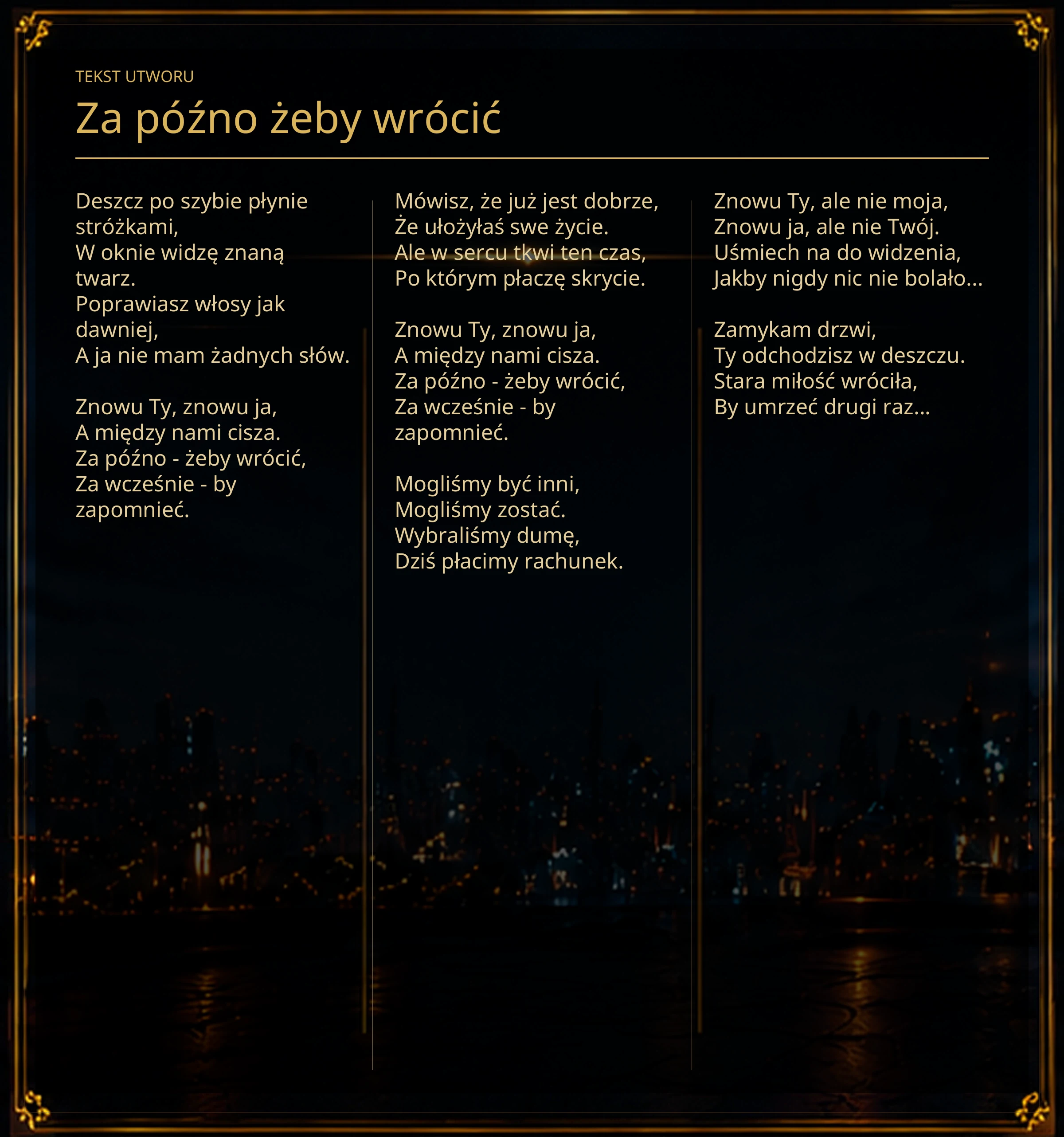 Tekst piosenki „Za późno żeby wrócić” – Lyric Booklet