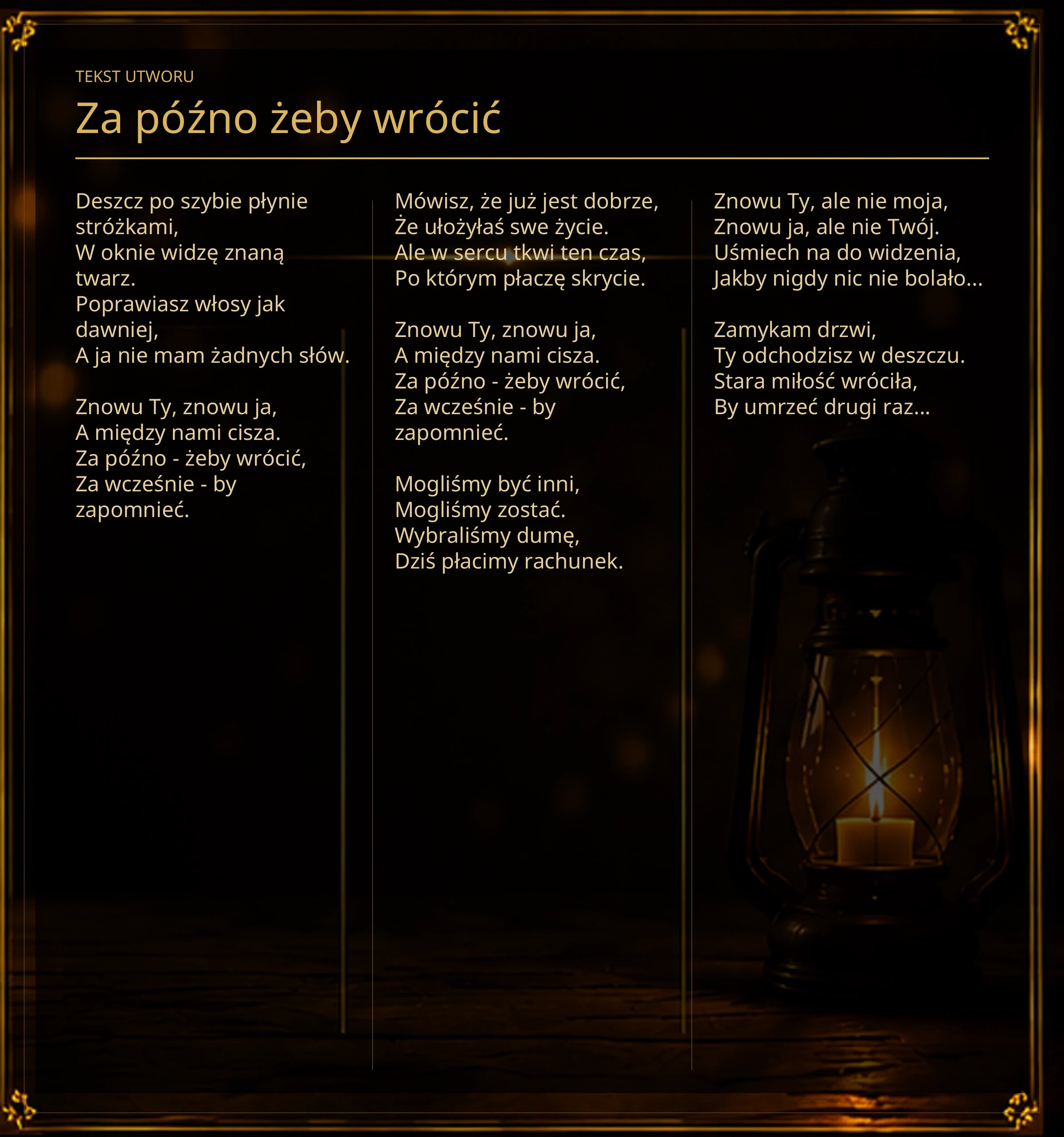 Tekst piosenki „Za późno żeby wrócić” – Lyric Booklet