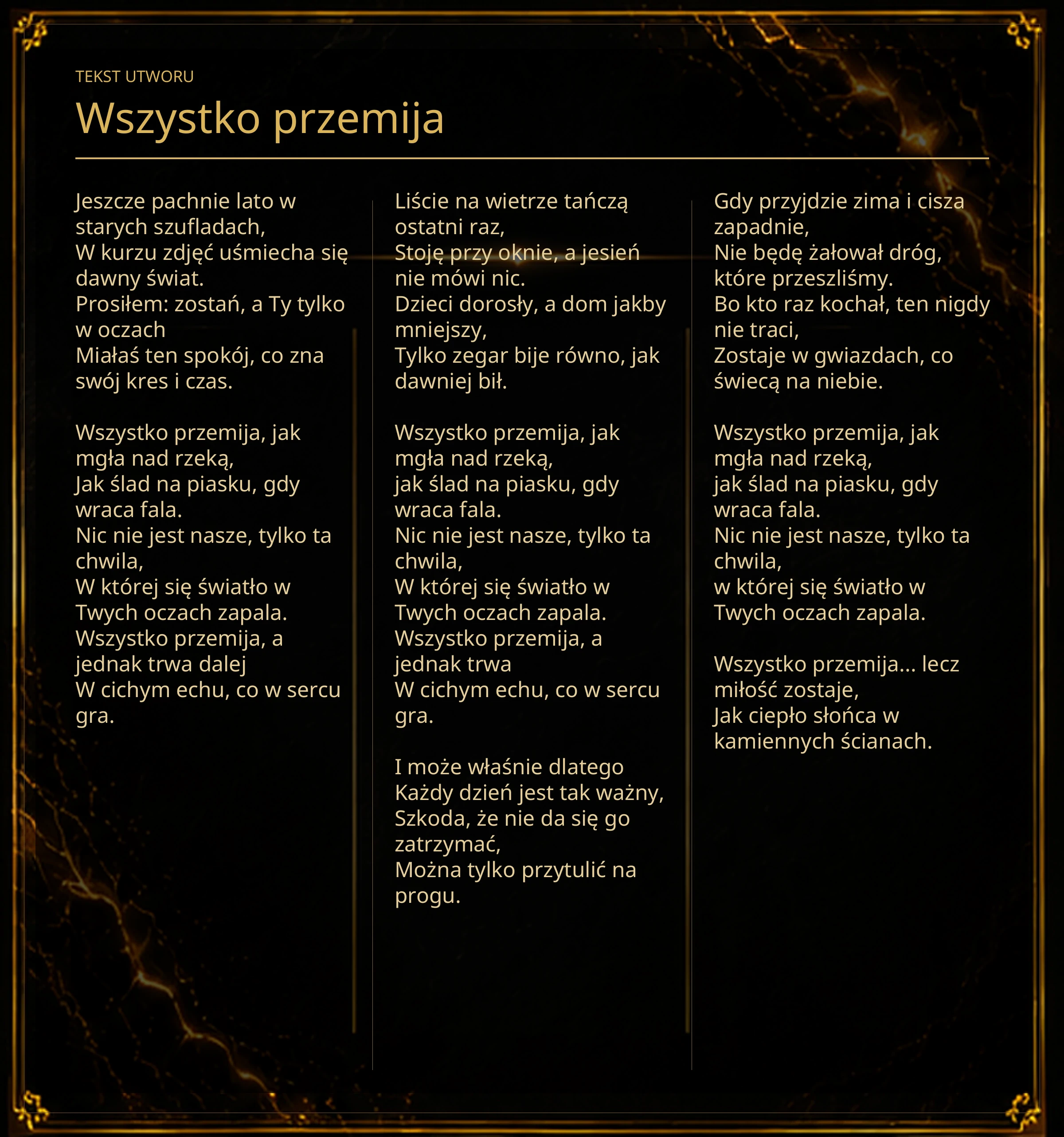 Tekst piosenki „Wszystko przemija” – Lyric Booklet