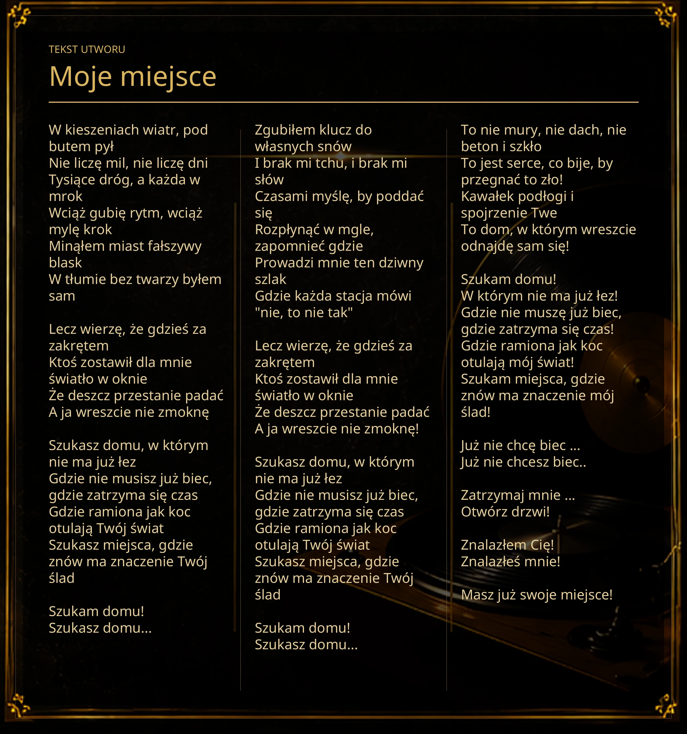 Tekst piosenki „Moje miejsce” – Lyric Booklet