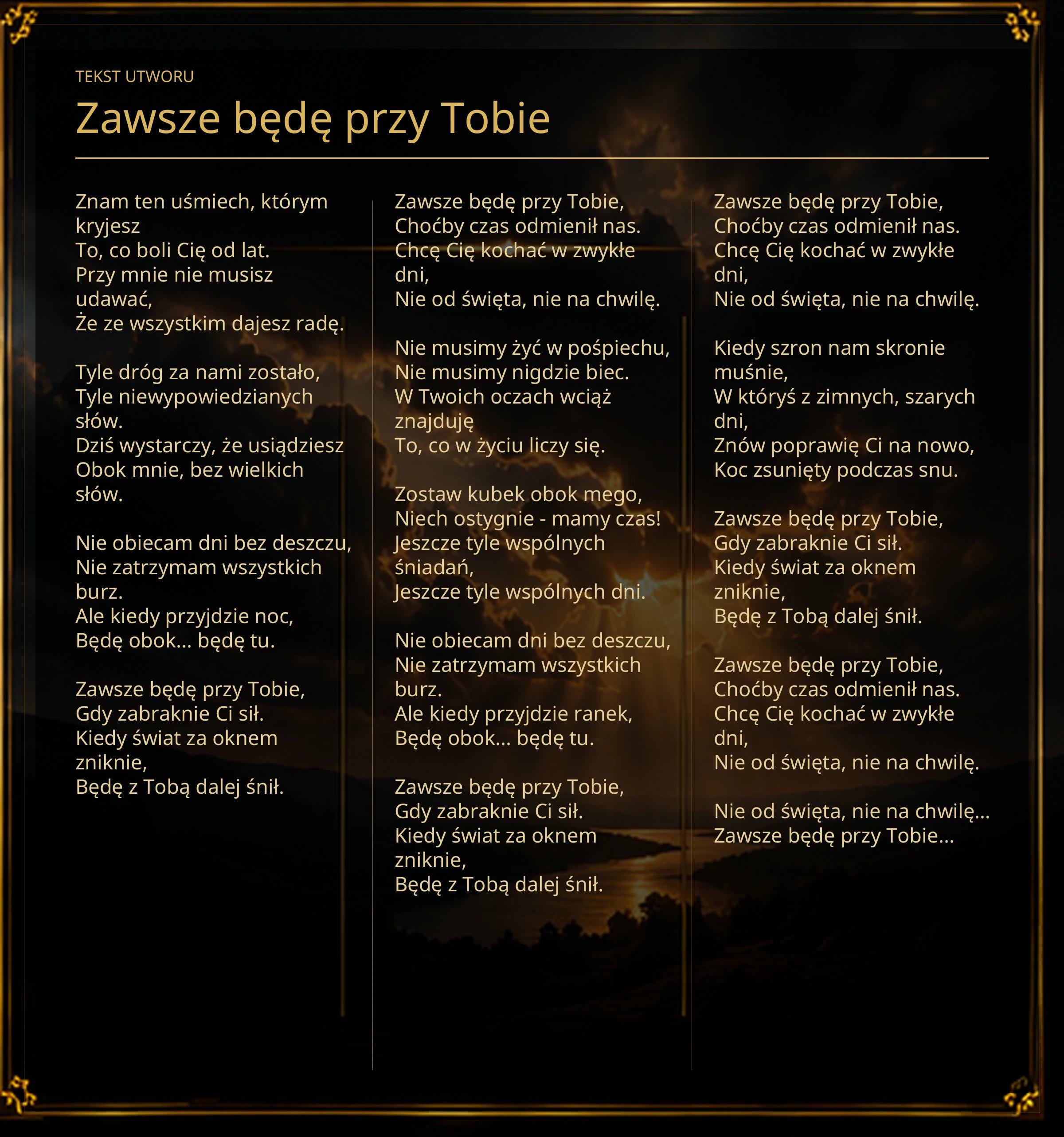 Tekst piosenki „Zawsze będę przy Tobie” – Lyric Booklet